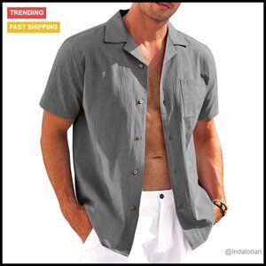 Casual Cotton Linen Short Sleeve Button Up Shirt Regular Fit Summer Beach